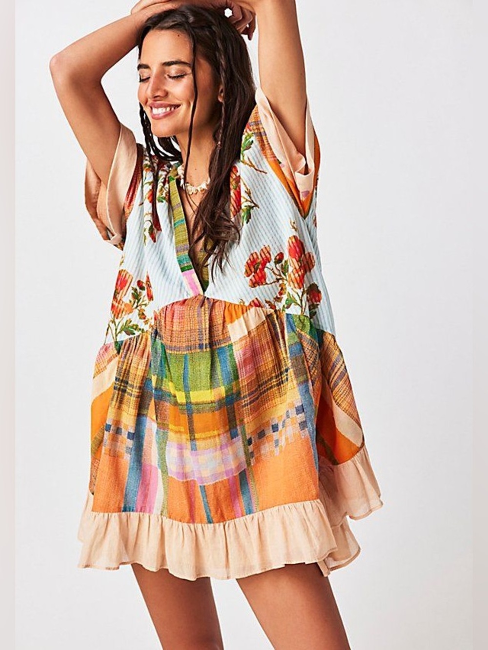 Free People Printed Agnes Boho Patchwork Flowy Ruffle Swing Mini Dress XL